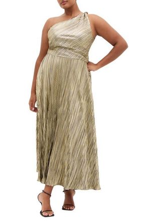 City Chic Kamila Metallic One-Shoulder Maxi Dress in Bronze at Nordstrom, Size Xxxs