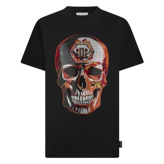 Philipp Plein Tops, Heren, Zwart, XS, Katoen, Ronde Hals T-Shirt Lava Skull Stones