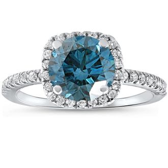 Pompeii3 1 3/4 ct Blue Diamond Cushion Halo Engagement Ring 14k White Gold Lab Grown