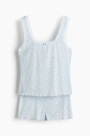 H&M Lace-trimmed Ribbed Pyjamas in Light Blue/floral at Nordstrom, Size X-Small