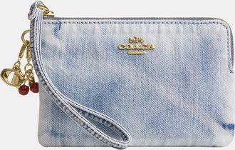 Coach Womens Corner Zip Wristlet In Loved Denim With Charms - Dark Blue - One Size