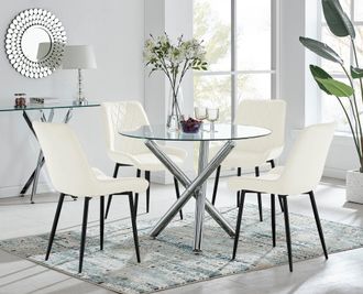 Furniturebox Selina Round Glass Chrome Leg Dining Table & Pesaro Black Leg Chairs in Cream | Size: 2 Person