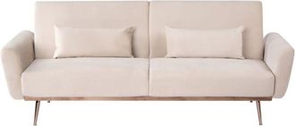 Beliani Sofa Bed Light Beige Velvet Upholstery Metal Legs 3 Seater with Additional Cushions Retro Convertible Sleeping Function EINA