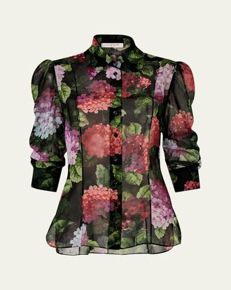 Carolina Herrera Semi-Sheer Floral Buttoned Blouse
