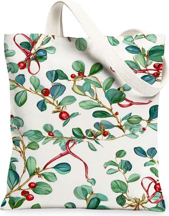 Generic Christmas Leaves Canvas Tote Bags, Eco-Friendly Floral Pattern Reusable Grocery Bags, Vintage Lightweight Washable Shoulder, White, 13x15 Inch
