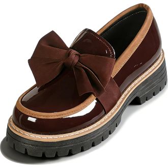 Generic Womens Patent Loafers Wide Width, Elegant Bow Loafers for Women Chunky Platform Loafer Casual Comfortable Dress Shoes (Coffee,7.5)