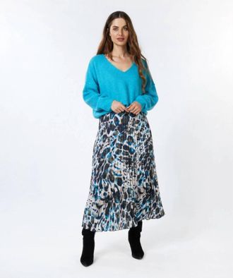 Esqualo Asta Animal Roots Plisse Pleated Midi Skirt In Peacock Blue Navy Olive Green
