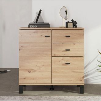 Dmora Credenza Ollant, Aparador 3 Cajones, 2 Estantes, Puerta Abatible, Deslizante, 77x35x78h Cm Marr&oacute;n Roble Nodoso