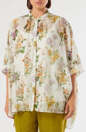 Marina Rinaldi Paniere Oversize Floral Cotton & Silk Button-Up Tunic in White at Nordstrom, Size 14W