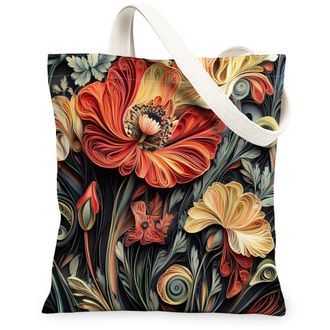 Generic Spring Quilting Paper Poppy Flower Canvas Tote Bag for Shopping 13x15, Floral Wildflower Reusable Grocery Print Pattern Bag for Women, Garden Beach Ae