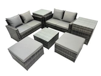 Fimous Lounge Double Seat Sofa Coffee Table Set with 2 Side Tables 2 Stools in Dark Grey