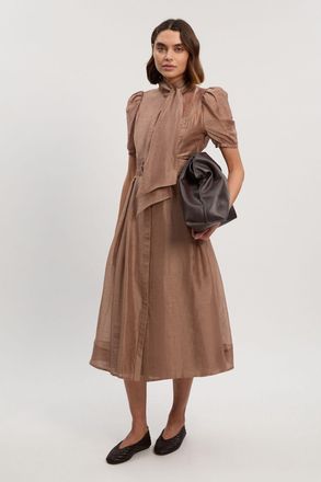 Karen Millen Womens Organdie Tie Neck Woven Midi Dress - Pink Linen - Size 12 UK