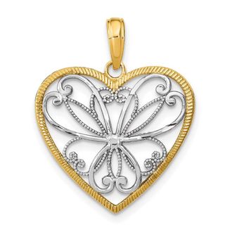 Diamond2Deal 14k Yellow Gold and White Rhodium Filigree Heart Charm Pendant