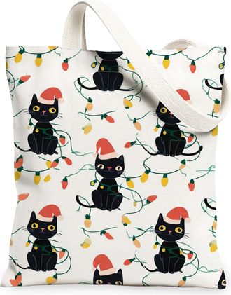 Generic Christmas Cat Canvas Tote Bags, Cute Cat Holiday Print Reusable Bags, Lightweight Washable Shoulder Tote for Grocery Travel, White, 13x15 Inch