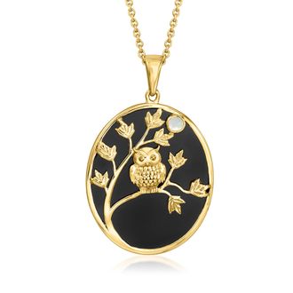 Ross-Simons Onyx and Mother-Of-Pearl Owl Pendant Necklace in 18kt Gold Over Sterling