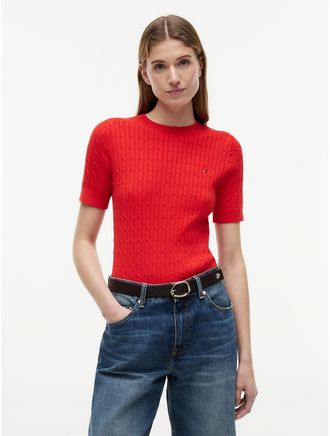 Tommy Hilfiger Womens Short-Sleeve Cable Knit Sweater - Red - XXL