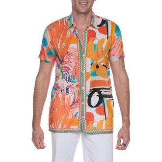 Ranee&rsquo;s Extra Trim Fit Print Linen & Cotton Camp Shirt in Orange at Nordstrom Rack, Size Medium