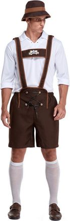 Generic Lederhosen Mens Oktoberfest Outfit - Bavarian Embroidered Brown Costume Long Sleeve White T Shirt Traditional Bavarian Overalls and Hat Festival Party