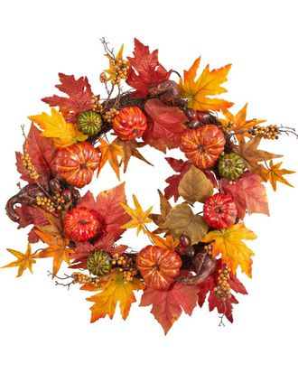 Nearly Natural Autumn Pumpkin & Berries Artificial Fall Wreath 24in