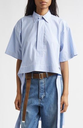 Plan C Stripe High-Low Cotton Pullover Shirt in Blue Stripes Base White at Nordstrom, Size 4 Us