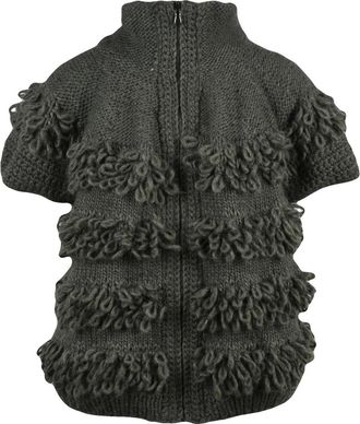 of Handmade Textured Green Knitted Vest With High Collar And Fringe Detail