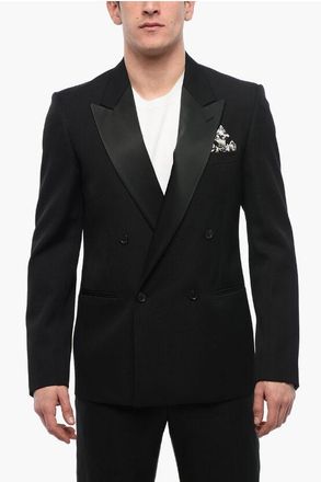 Off-white Dubbelrijs TATTOO Blazer met satijnen revers in zwart