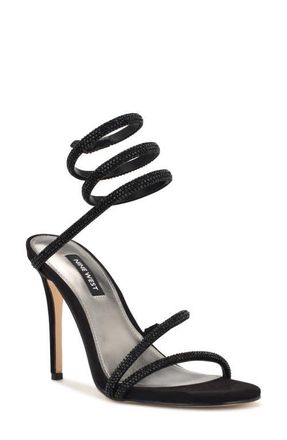 Nine West Maskill Rhinestone Ankle Wrap Sandal in Black 001 at Nordstrom, Size 5.5