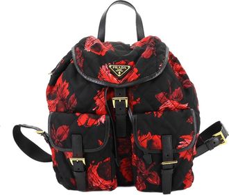 Prada Black Red Color Nylon Saffiano Triangle Backpack (Pre-Owned)