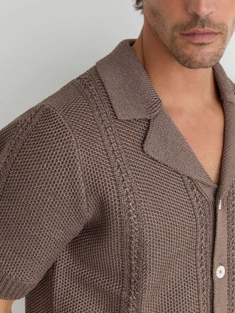 Reiss Taupe Brown Open-stitch Cuban-collar Knitted Shirt, Xxl