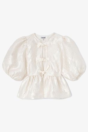 Ganni Satin Peplum Tie Blouse - Size 10/12 White