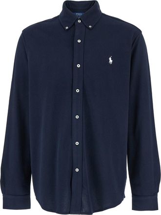 Ralph Lauren Blue Ultra-lightweight Shirt With Button-down Collar And Pony Embroidery On The Front In Cotton Piquet Man