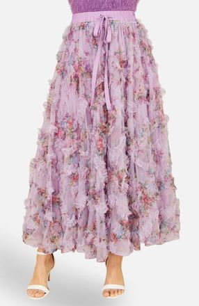 Yumi Floral Ruffle Mesh Midi Skirt in Lilac at Nordstrom, Size 12