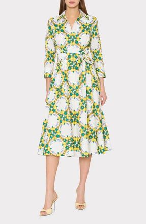 Milly Lexi Print Tie Waist Midi Shirtdress in Yellow Multi at Nordstrom, Size 4