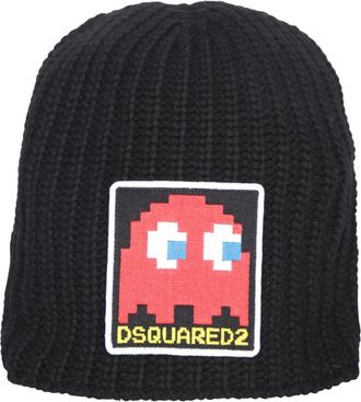 Dsquared2 Gebreide Beanie met Logo Patch - Heren - Hoeden - Zwart - ONE Size - Wol - Accessoires