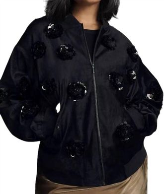 Eva Franco Velvet Floral Embroidered Bomber Jacket In Balck