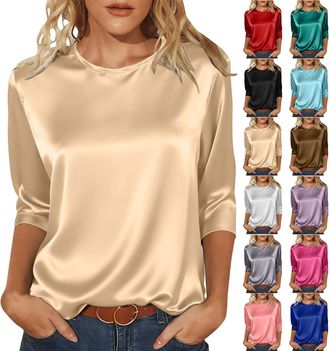 Generic Satin Tops for Women Elegant Going out Tops Crew Neck 3/4 Sleeve Silk Blouse Ladies Tshirts Shiny Baggy Fashion Tunic Top Casaul Loose Party Business 