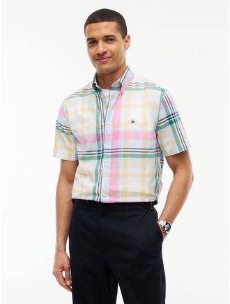 Tommy Hilfiger Mens Regular Fit Short-Sleeve Madras Shirt - Sweet Blue - L