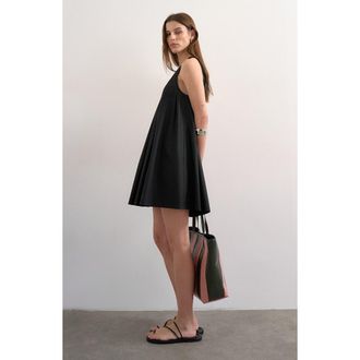 Topshop Pleated Cotton Trapeze Minidress in Black at Nordstrom, Size 14 Us