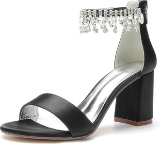 Generic Wedding Shoes Bridal Block Heel Wedding Sandals Satin Prom Party Dress Pumps Open Toe Bridal Shoes Wedding Heels 8Cm,Black,10 UK