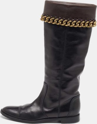 Sergio Rossi Black/dark Brown Leather Chain Detail Calf Length Boots