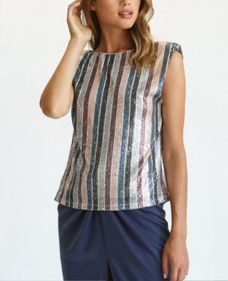 Fate Striped Sequin Shoulder Pad Sleeveless Top In Grey Blush