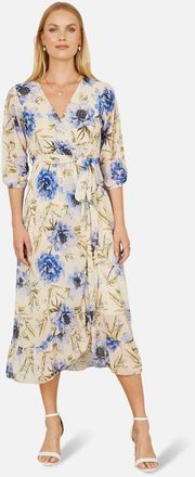 Yumi 3/4 Sleeve V-Neck Wrap Midi Dress in Cream at Nordstrom, Size 10