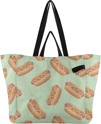 Generic Fun Food Hotdog Green pattern Reusable Canvas Tote Bag, Heavy Duty Grocery Shopping Bag with Hard Bottom Double Handles Large Capacity Work Groceries 
