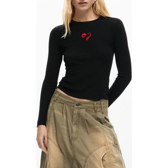 Desigual Floral Embroidery Long Sleeve T-Shirt in Black at Nordstrom, Size X-Small