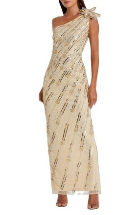 Mac Duggal Embellished Floral Detail One Shoulder Gown in Nude Gold at Nordstrom, Size 16