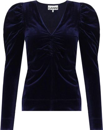 Ganni TOP IN VELLUTO BLU GANNI