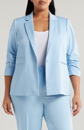 Tahari by ASL Pinstripe Ruched Sleeve Blazer in Ice Blue at Nordstrom, Size 20W