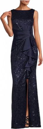 Eliza J Sequin Lace Boat Neck Sleeveless Ruffle Front Slit Long Gown In Blue