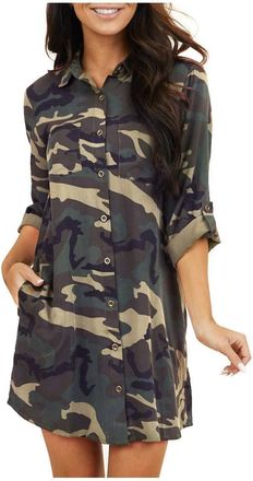 Generic Women Dresses for Girls Camouflage Casual Pockets Dress Comfy Neck Blouse Fashion Long Sleeve V Maternity Dress (Camouflage, XXL)
