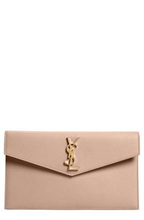 Saint Laurent Uptown Calfskin Leather Envelope Clutch in 2721 Dark Beige at Nordstrom